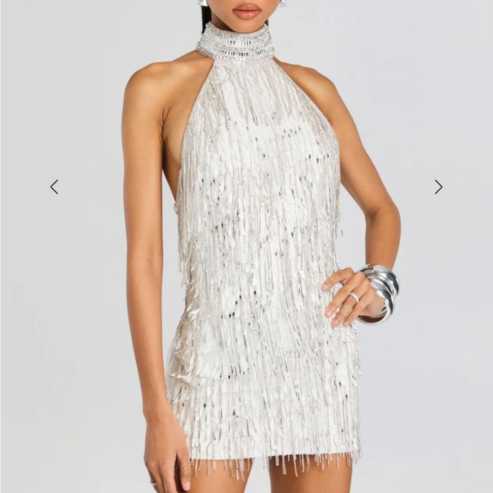 Retrofete Ivory Gold Beaded Fringe Halter Mini Dress - Picture 6 of 15